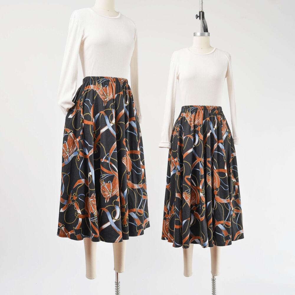 Vintage Equestrian Jersey Knit Horse Novelty Print Full Midi Skirt Pockets S M